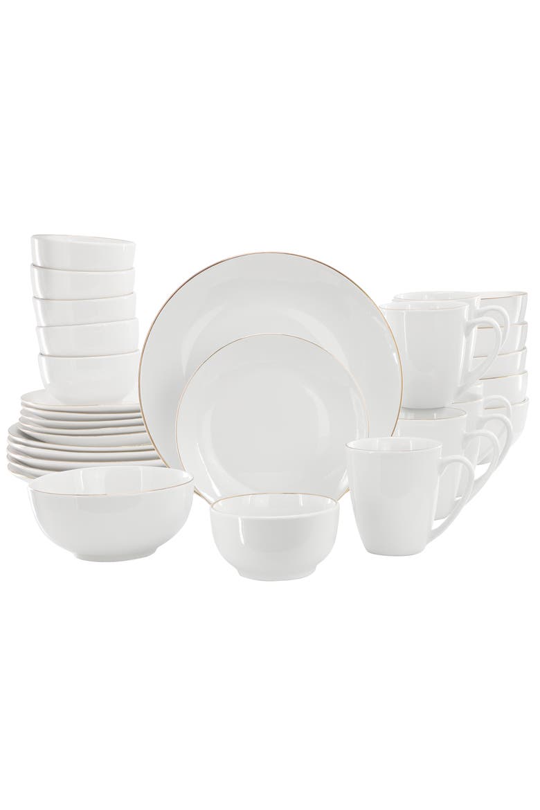 Ogalla 30 Piece Gold Banded Fine Ceramic Dinnerware Set, Main, color, White
