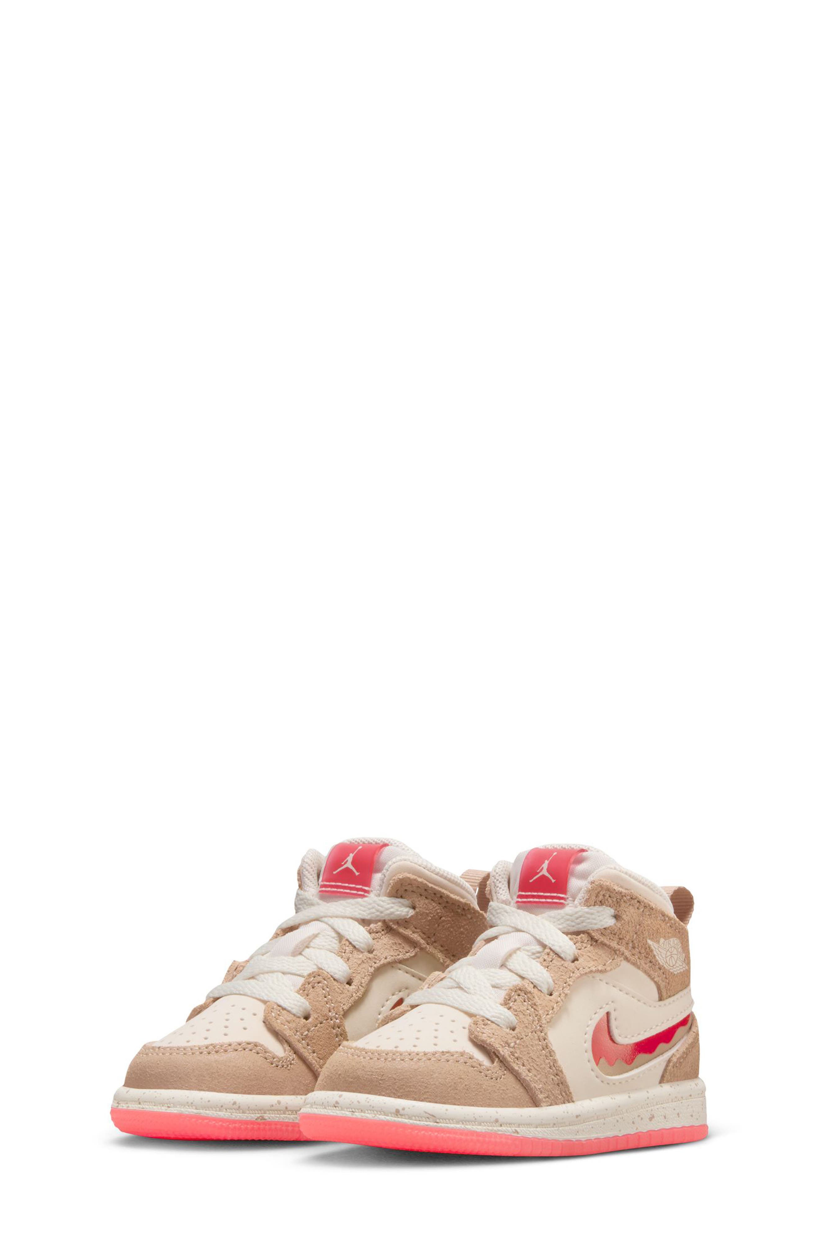 Nike Kids
 Jordan 1 Mid SE Basketball Sneaker, Alternate, color, Desert/ Fusion Red/ Pale Ivory