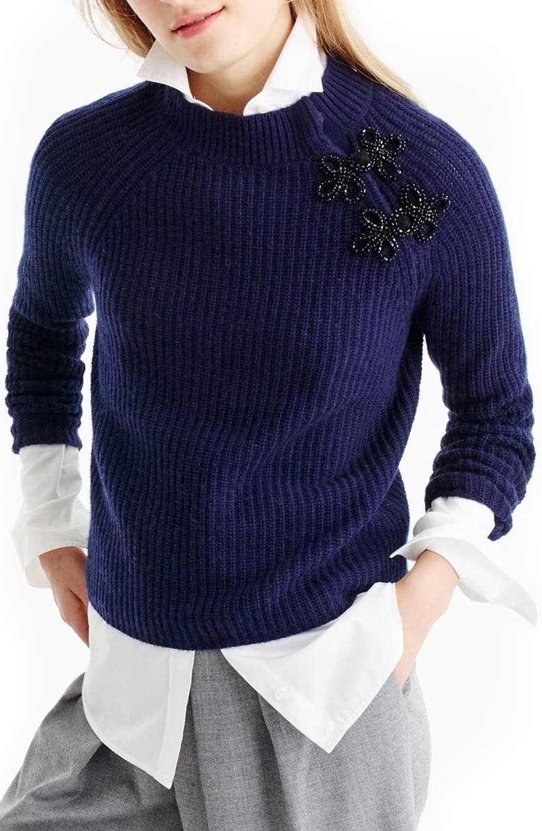 J.CREW FACTORY J.Crew Sparkly Frog Closure Ribbed Sweater, Main, color, 