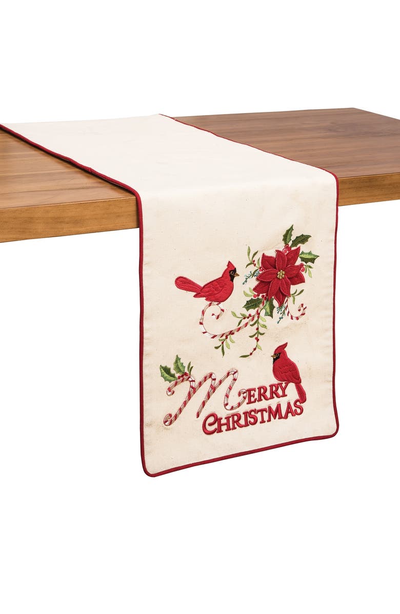 C&F Home Holiday "Merry Christmas" Sentiment w/ Red Cardinal Cane Cotton Machine Washable Embroidered Table Runner 14" x 72", Alternate, color, Brown