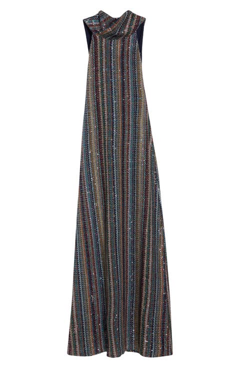 Sequin Cowl Neck Knit Maxi Dress