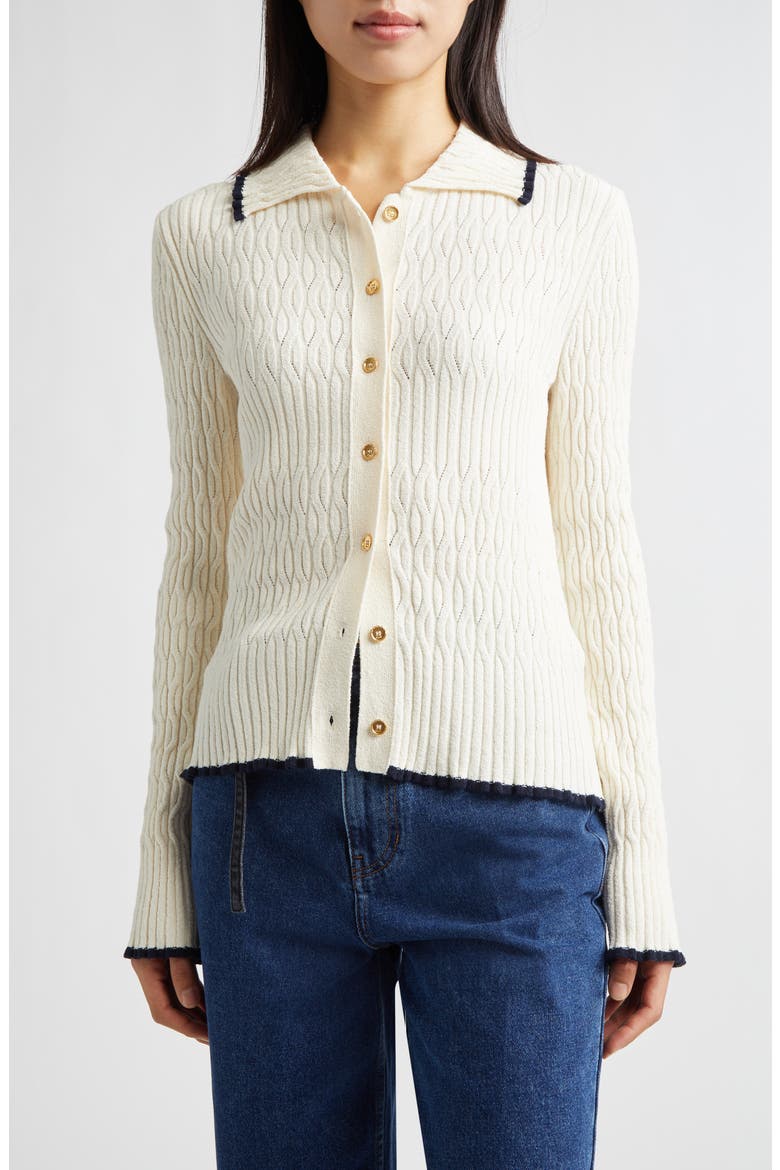 Contrast Trim Pointelle Cable Knit Cardigan, Main, color, IVORY