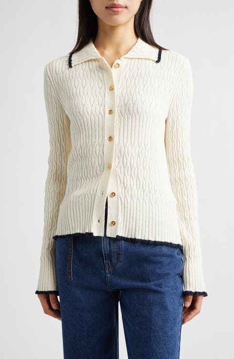 Contrast Trim Pointelle Cable Knit Cardigan