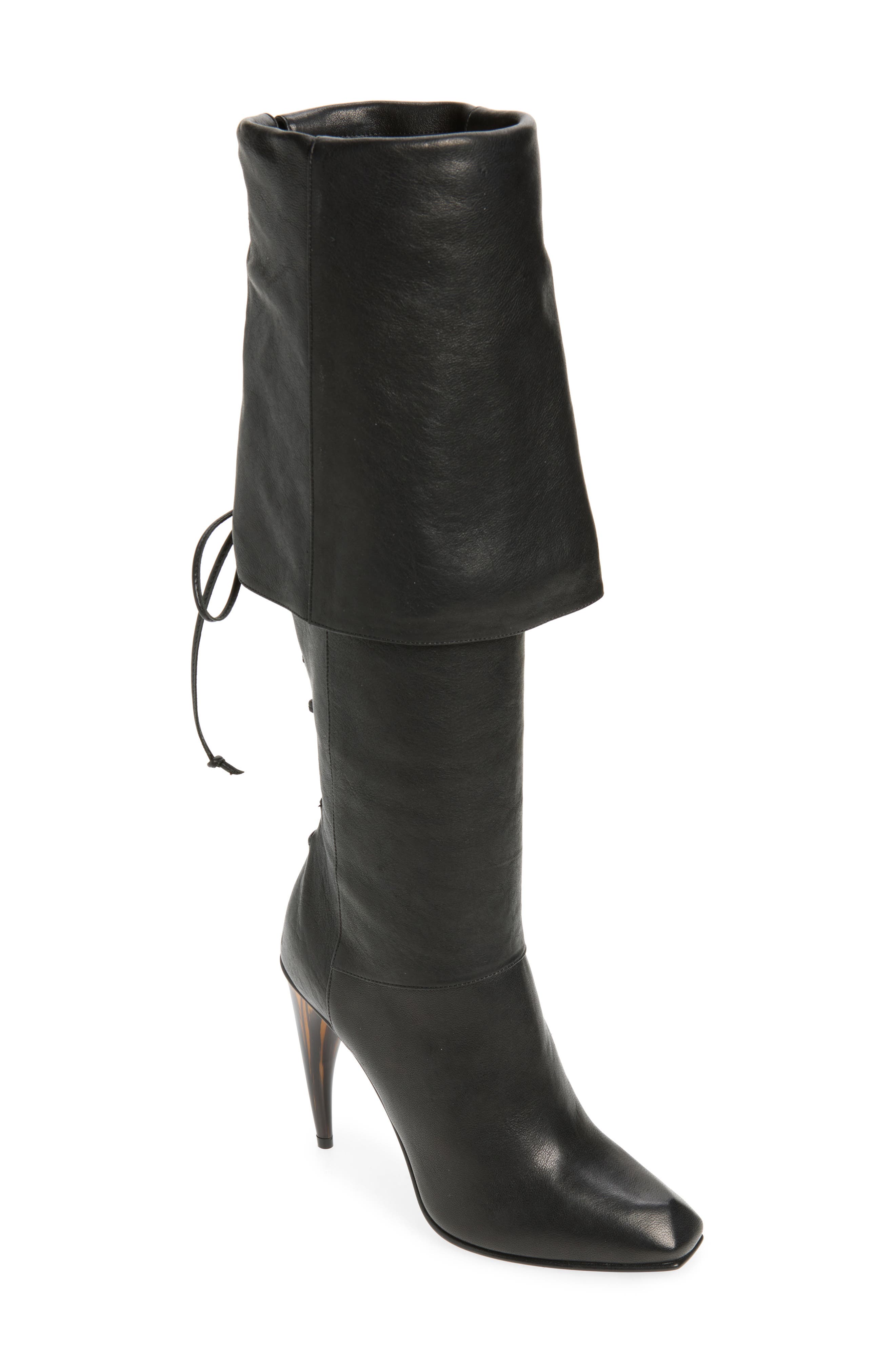 McQueen Lace-up Cuff Horn Heel Knee High Boot, Main, color, 