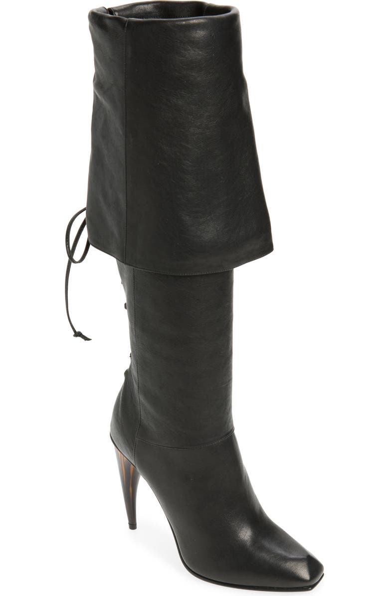 McQueen Lace-up Cuff Horn Heel Knee High Boot, Main, color,