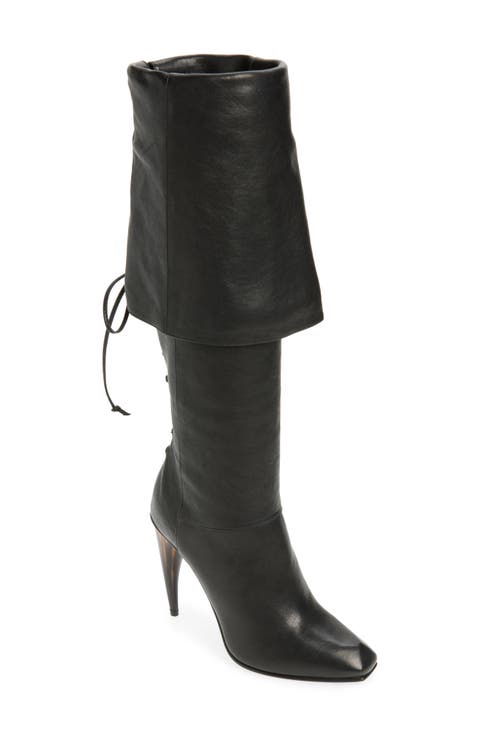 Lace-up Cuff Horn Heel Knee High Boot (Women)