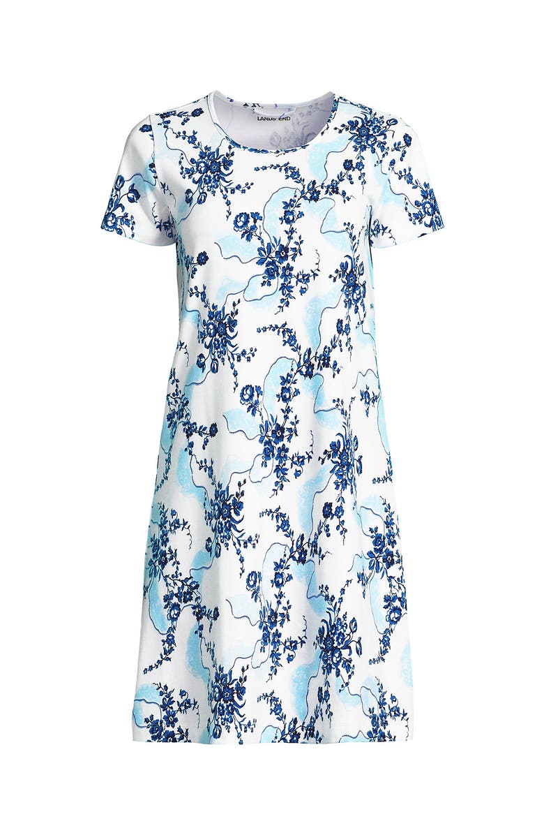 Lands' End Cotton Short Sleeve Knee Length Nightgown, Alternate, color, White/Muted Cobalt Lace Floral