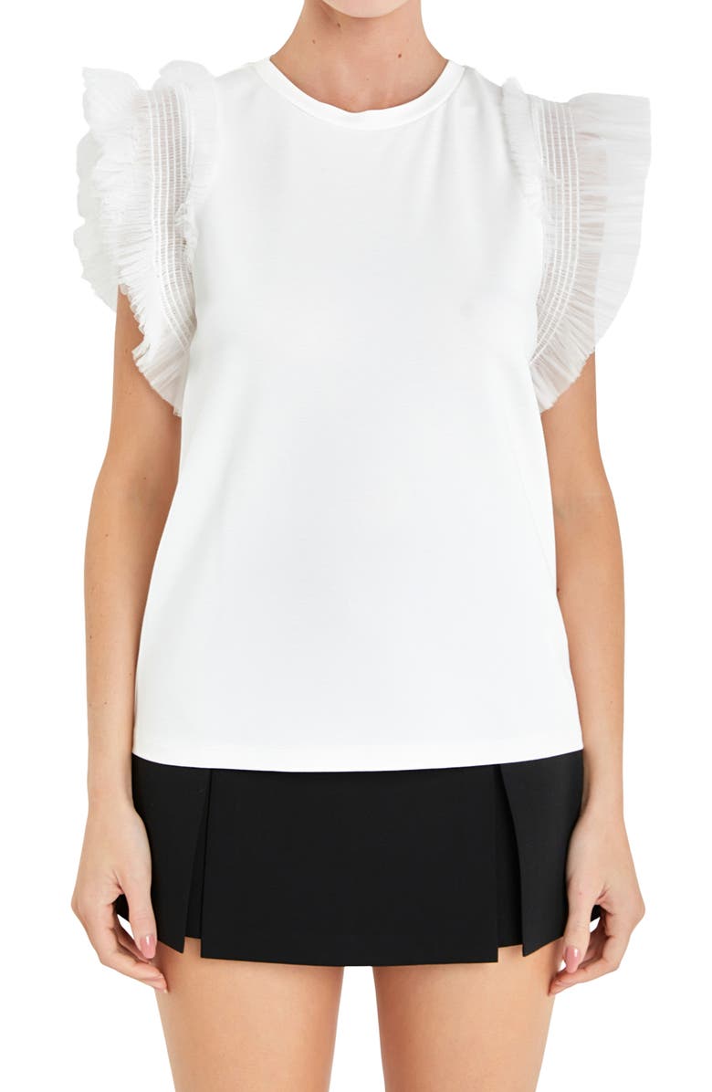 English Factory Mix Media Flutter Sleeve Knit Top, Main, color, Off White