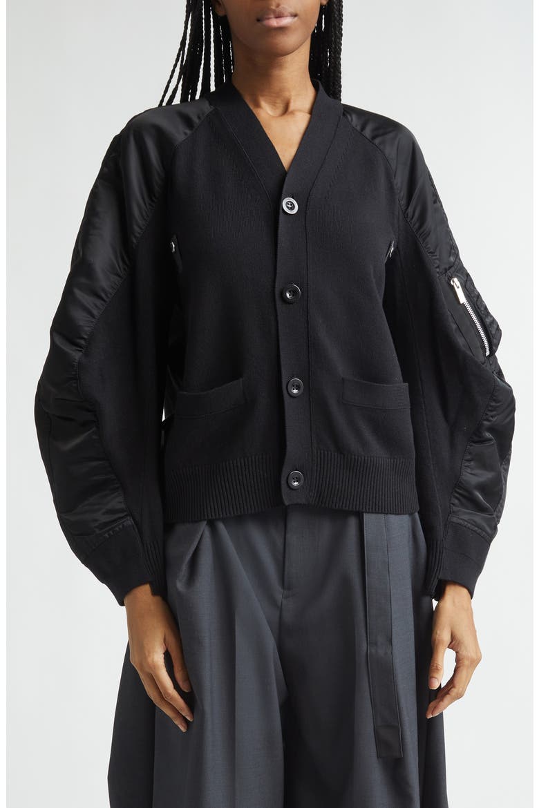 Mixed Media Knit & Nylon Twill Cardigan, Main, color, BLACK