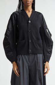 Sacai Mixed Media Knit & Nylon Twill Cardigan