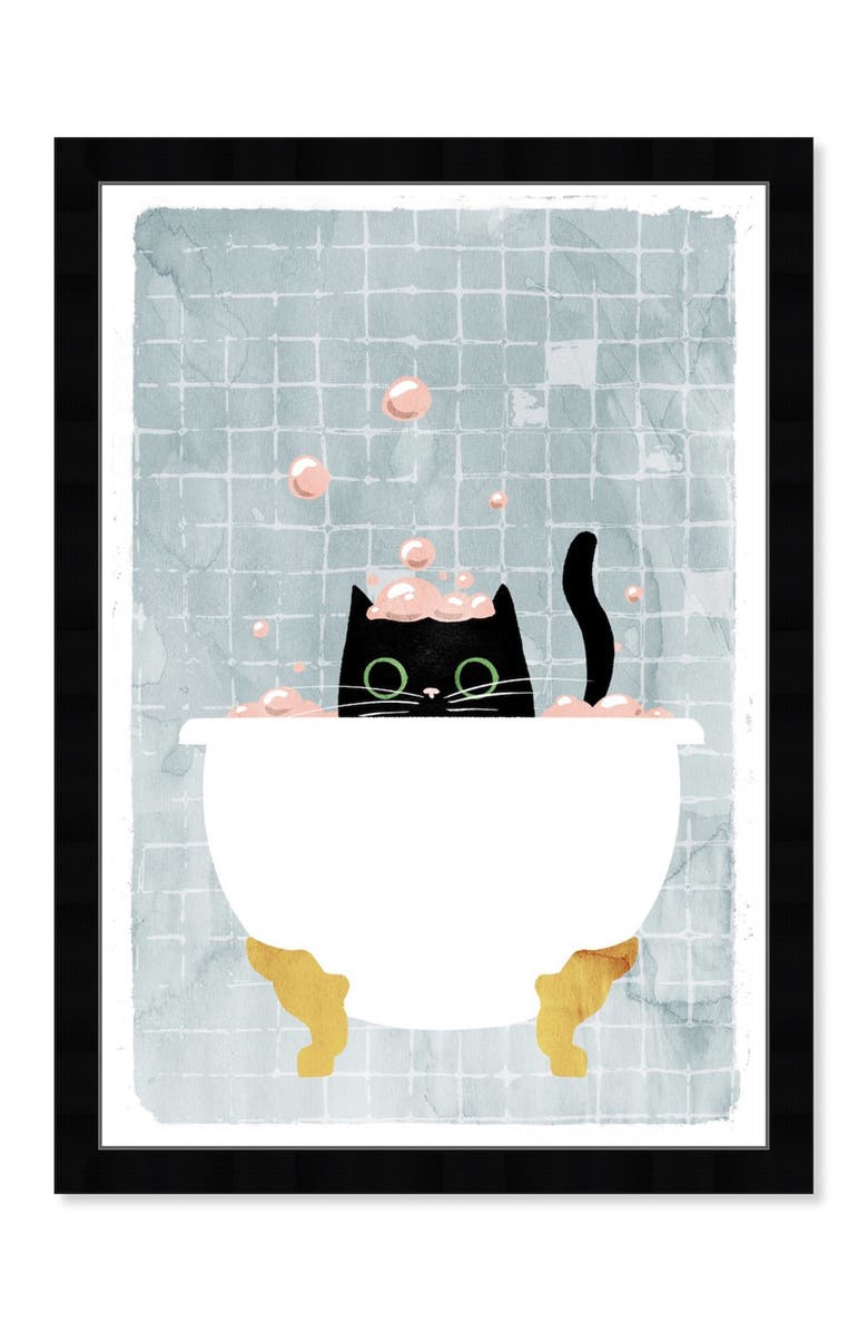 Wynwood Studio Kitty Bath Time Pink Framed Wall Art, Main, color, Pink