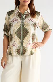 Lysse Ishani Scarf Print Button-Up Satin Shirt