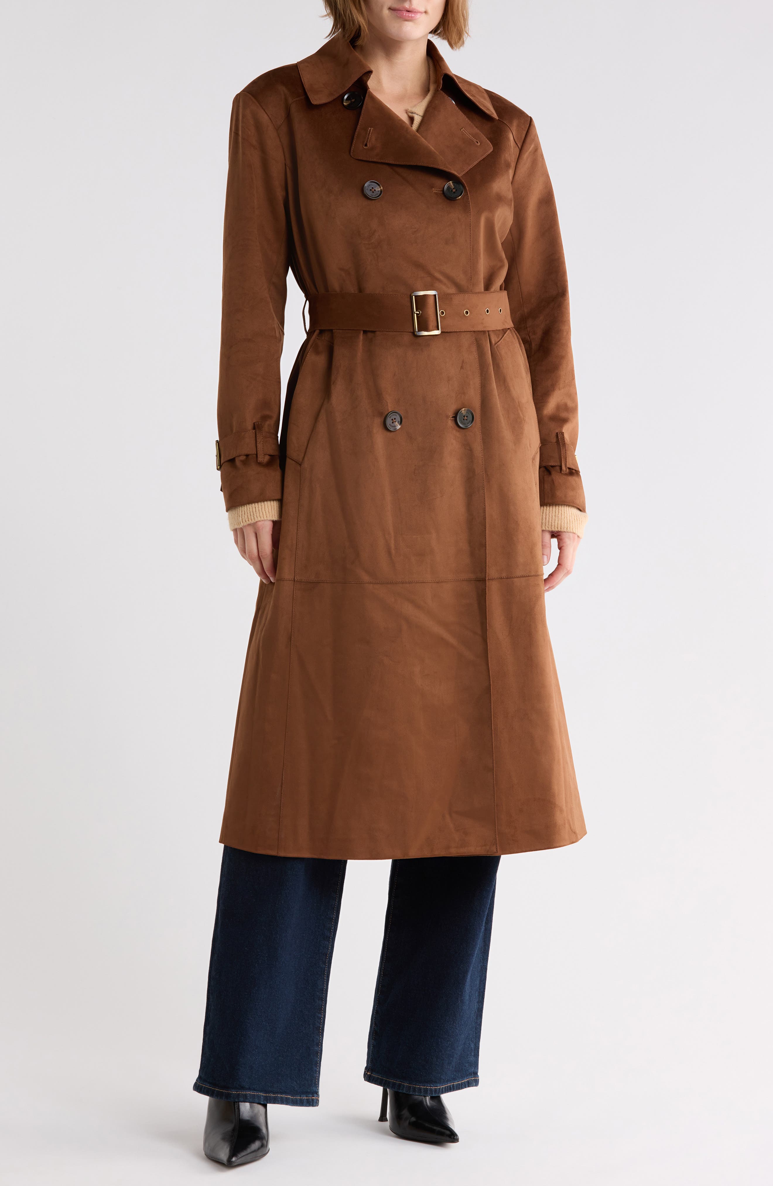 Double Breasted Faux Suede Trench Coat