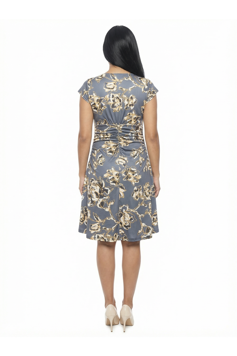 Maternity Floral V-Neck Cap Sleeve Ruched Front Knee Length Dress, Alternate, color, Grey Multi
