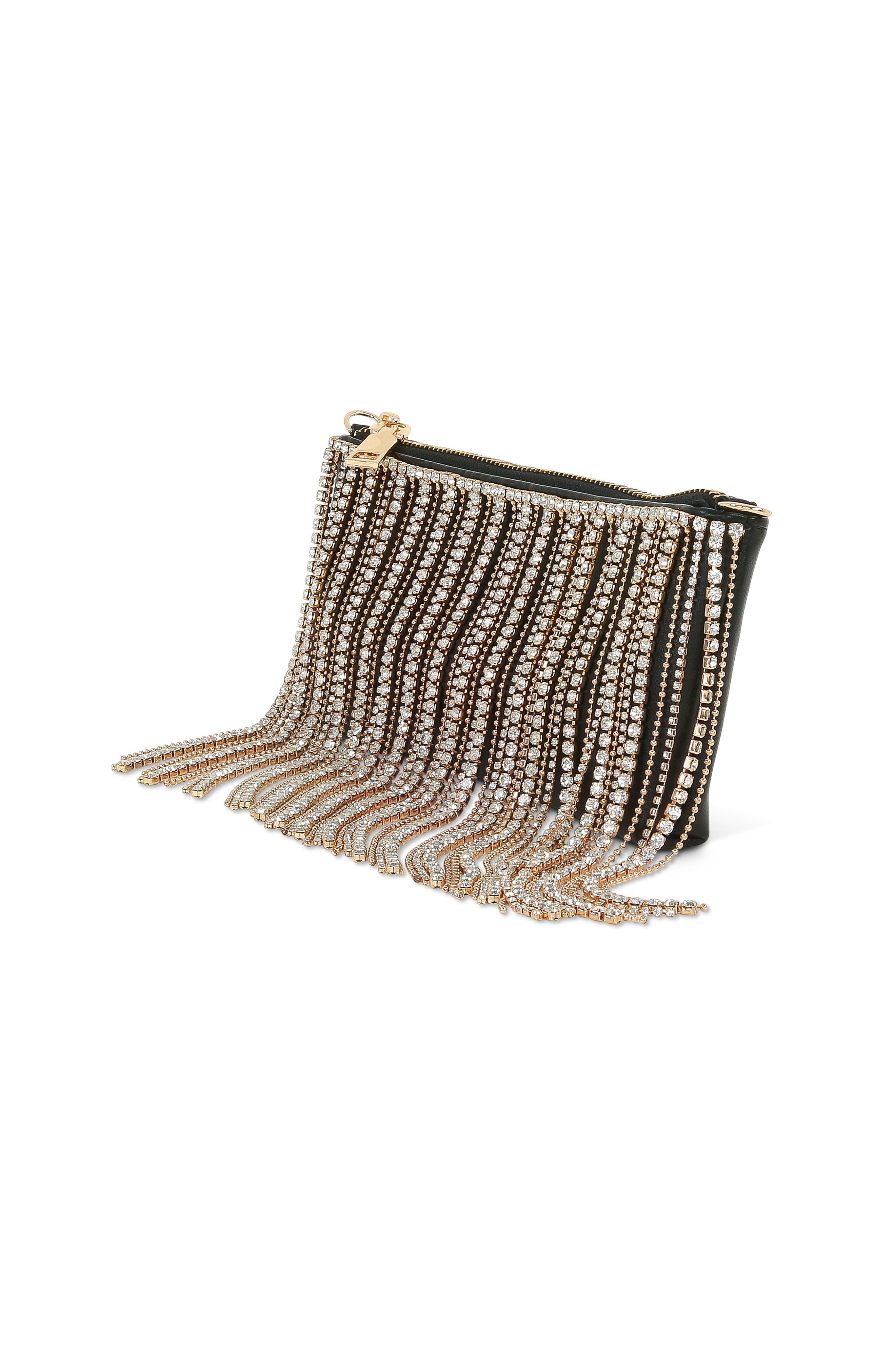 Jewel Badgley Mischka Piper Leather Mix Crystal Fringe Crossbody, Alternate, color, Black