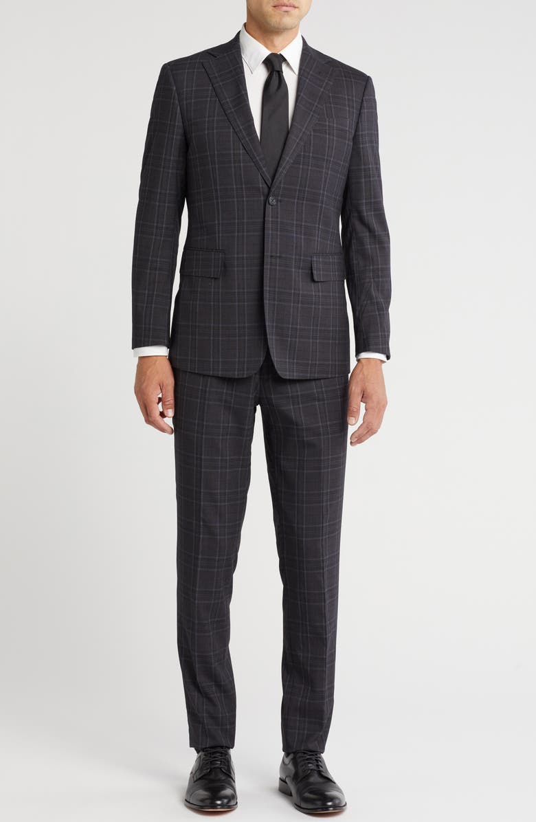 English Laundry Plaid Trim Fit Notch Lapel Two-Piece Suit, Main, color, Grey
