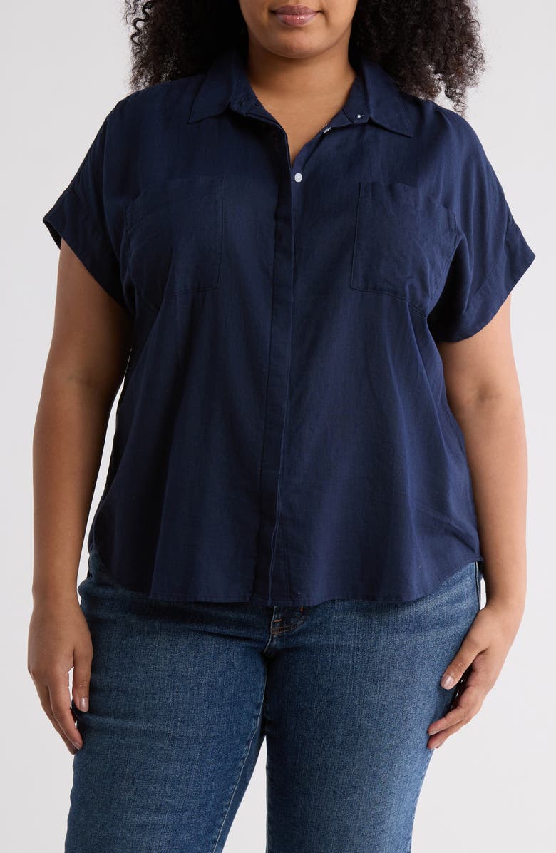 Caslon<sup>®</sup> Double Pocket Linen Blend Camp Shirt, Main, color, Navy Still