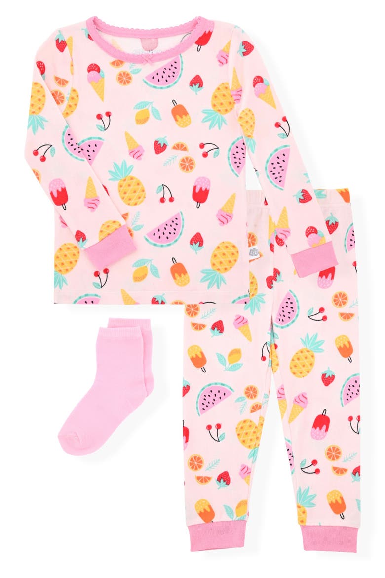 Kids' Fruit Fitted Two-Piece Pajamas & Socks Set, Main, color, PINK