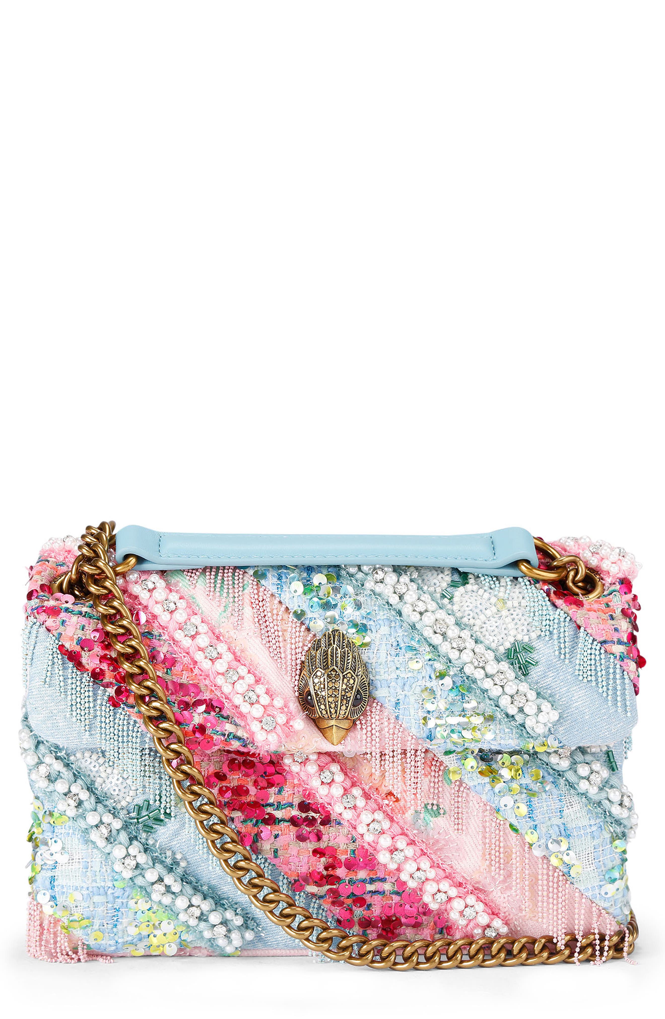 Kurt Geiger London Medium Kensington Beaded & Fringe Convertible Shoulder Bag, Main, color, Light/ Pastel Blue