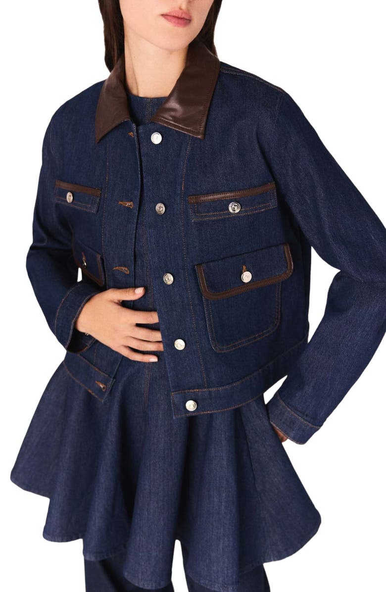 maje Denim jacket with faux leather, Alternate, color, Navy