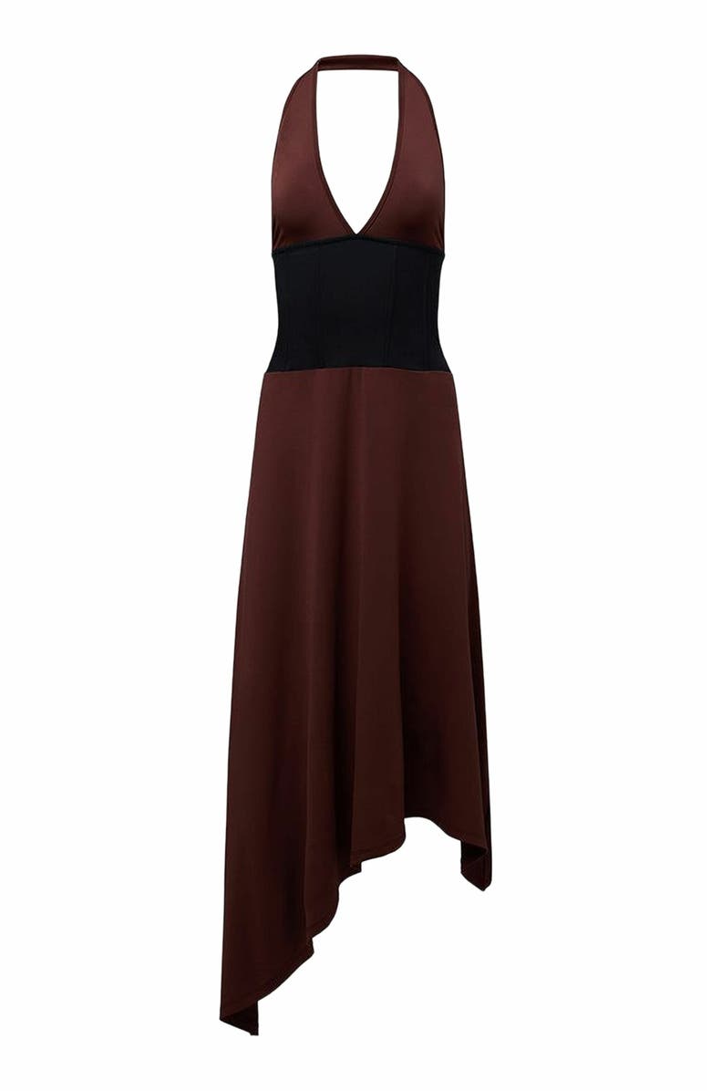 WeWoreWhat Corset Halter Asymmetrical Midi Dress, Main, color,