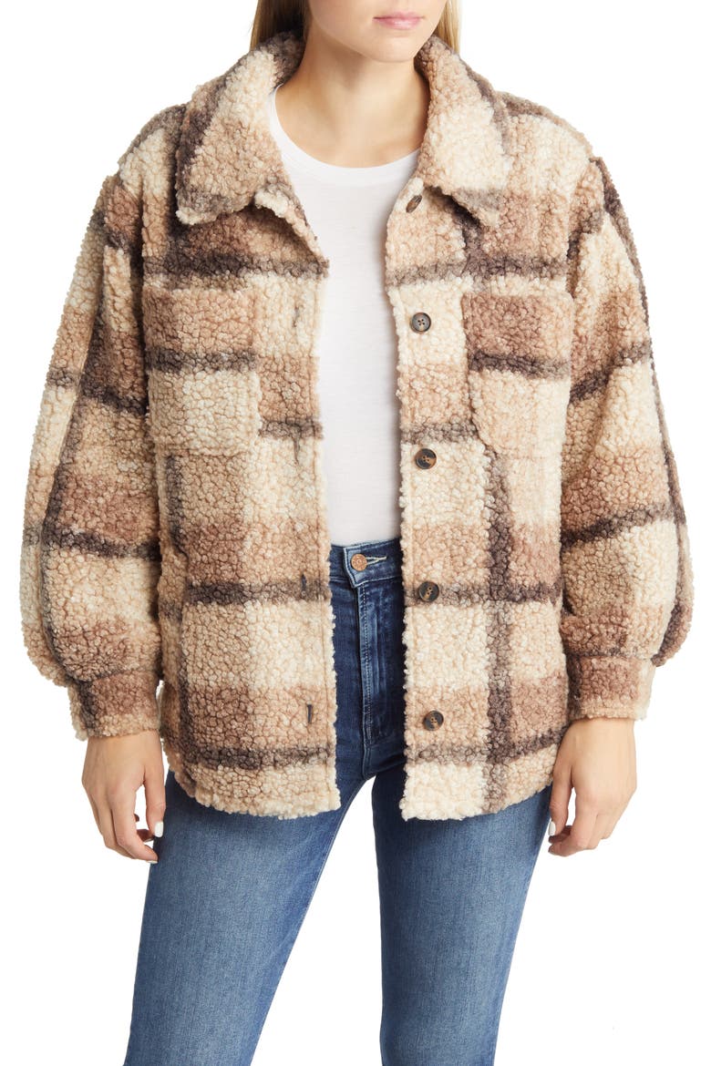 Plaid Teddy Jacket (Nordstrom Exclusive), Main, color, BRMU-BROWN MULTI