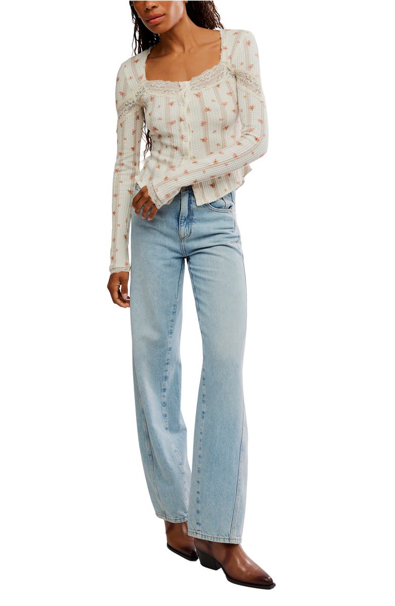 Free People Let's Party Floral Lace Trim Cotton Waffle Knit Button-Up Top, Alternate, color, Tea Combo