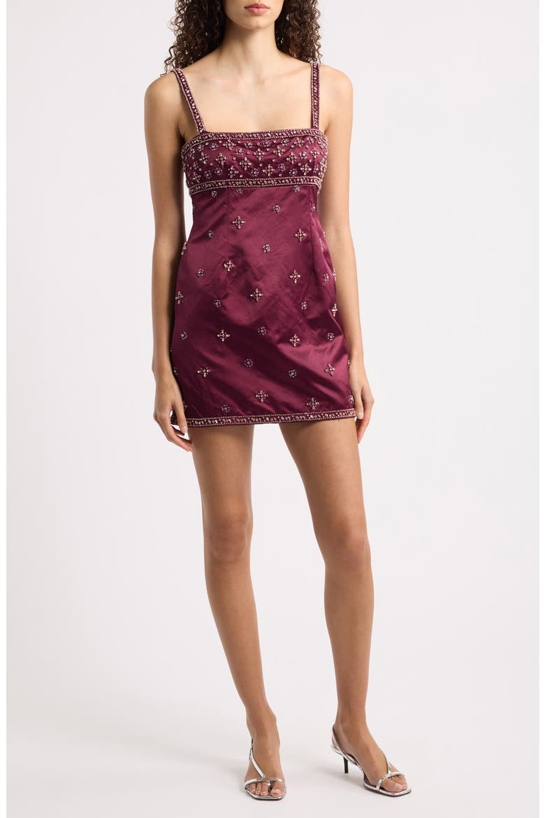Casslouie Embellished Empire Waist Minidress, Main, color, FADED MERLOT