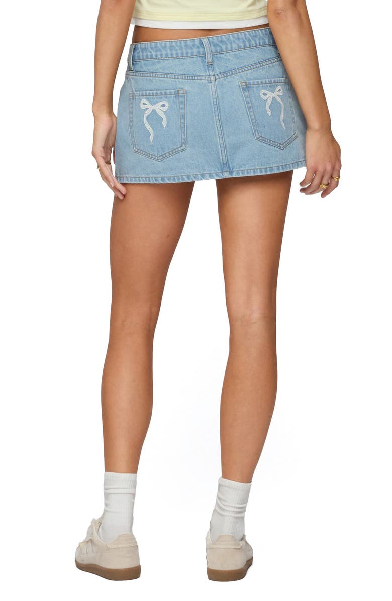 EDIKTED Eyelet Bow Pocket Low Denim Miniskirt, Alternate, color, Light-Blue