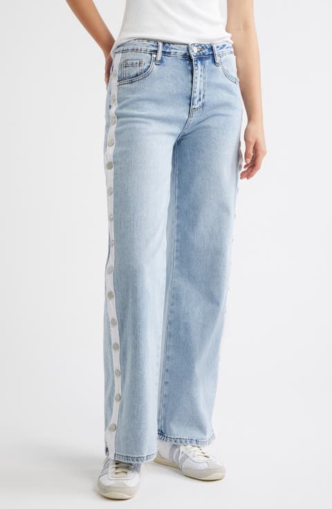 Button Detail Wide Leg Jeans