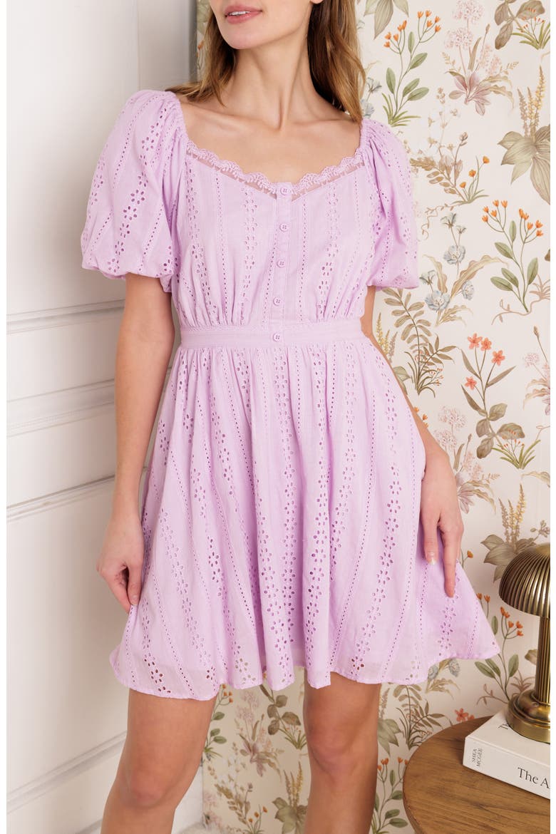 Embroidered Eyelet Puff Sleeve Cotton Minidress, Alternate, color, LILAC