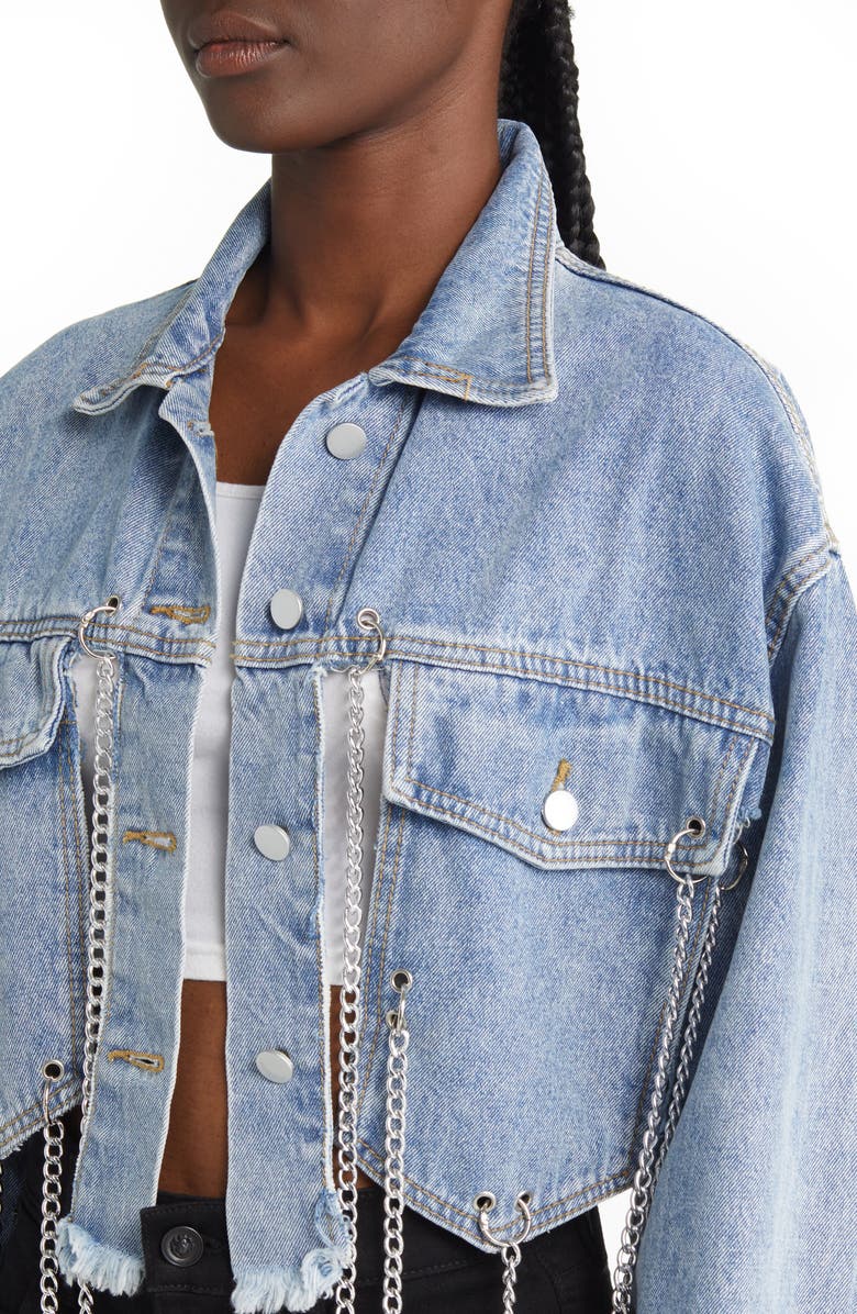 AZALEA WANG Chain Fringe Crop Denim Jacket, Alternate, color, 