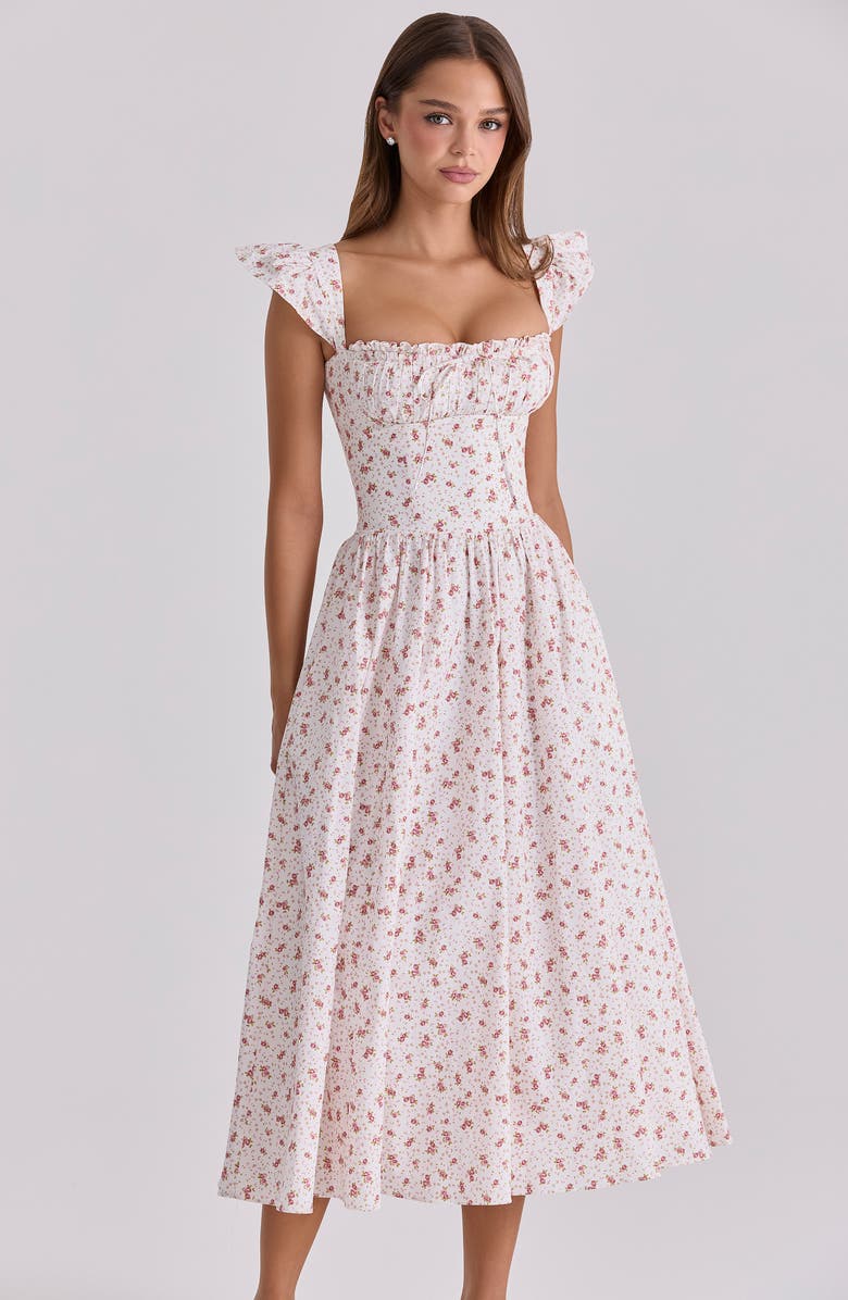 HOUSE OF CB Livia Ditsy Floral Print Stretch Cotton Midi Dress, Alternate, color, White Ditsy