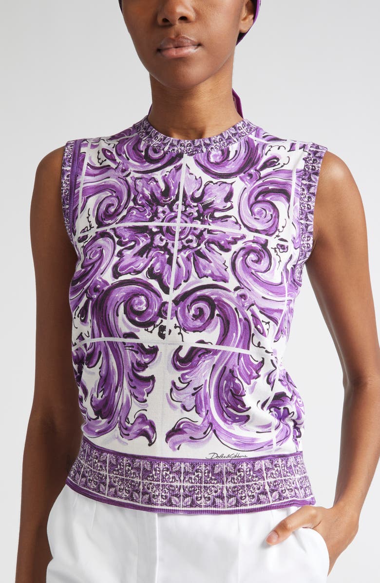 Dolce&Gabbana Majolica Print Silk Sweater, Alternate, color, H25dq Maiolica 1L Viola