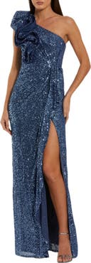 Mac Duggal Women's One Shoulder Sequin Ruffle Detail Gown