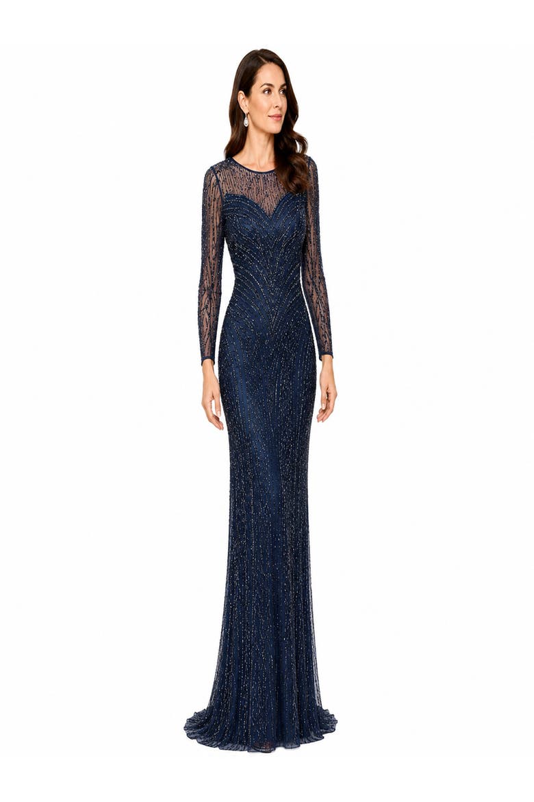 Illusion Neck, Long Sleeve Beaded Gown, Main, color, Navy Gunmetal