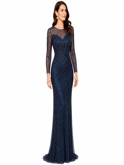 Illusion Neck, Long Sleeve Beaded Gown