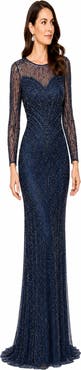 LARA New York Illusion Neck, Long Sleeve Beaded Gown