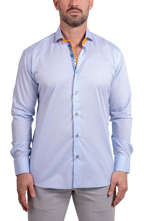 Einstein Ascension0078 Blue Tonal Geo Pattern Cotton Button-Up Shirt