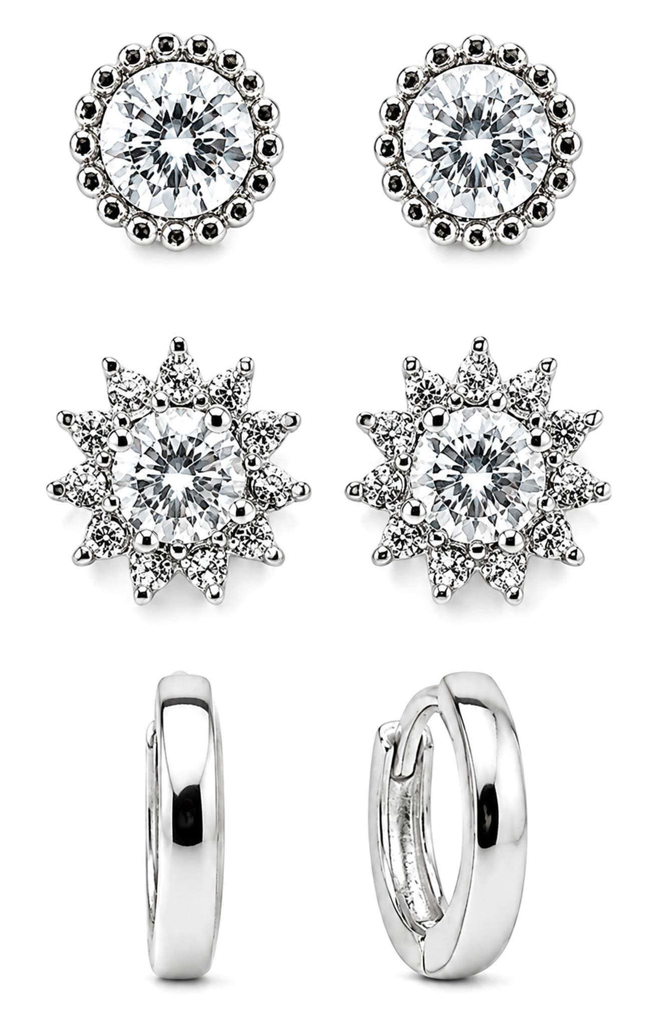 Set of 3 Cubic Zirconia Flower Stud & Huggie Hoop Earrings
