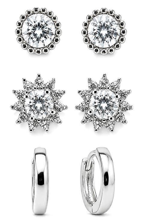 Set of 3 Cubic Zirconia Flower Stud & Huggie Hoop Earrings