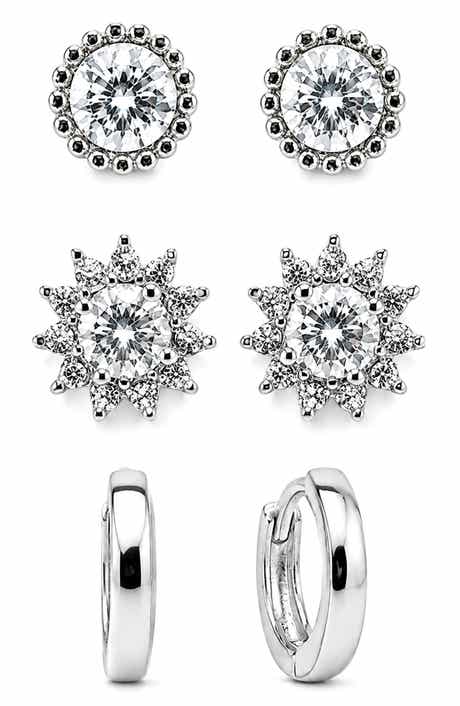 Set of 3 Cubic Zirconia Flower Stud & Huggie Hoop Earrings