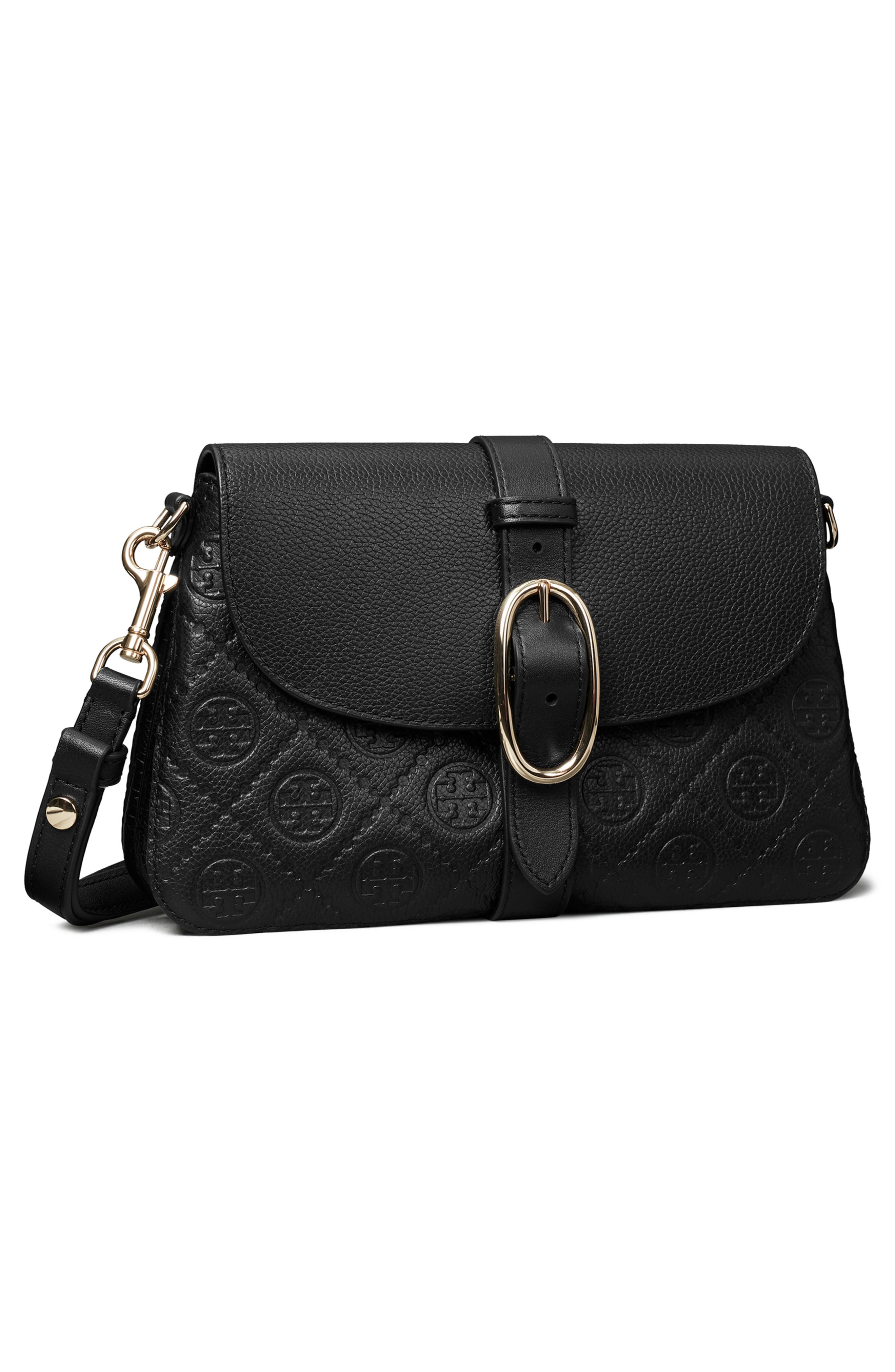 Tory Burch Small T Monogram Soft Pebble Leather Shoulder Bag, Alternate, color, Black