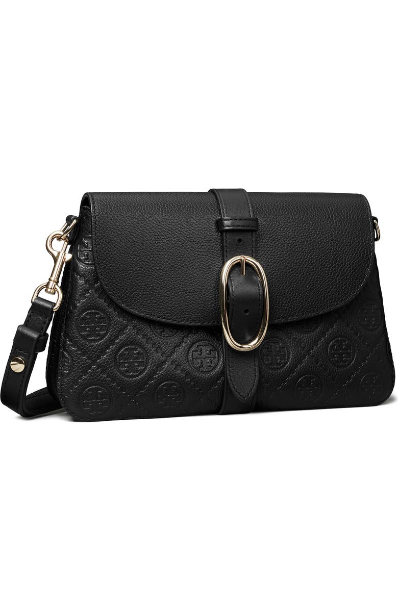 Tory Burch Small T Monogram Soft Pebble Leather Shoulder Bag, Alternate, color, Black