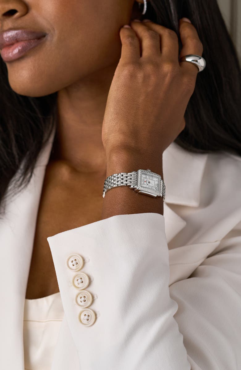 MICHELE Mini Deco Madison Two-Tone 18K Gold Plate Diamond Bracelet Watch, 23mm x 24mm, Alternate, color, Silver