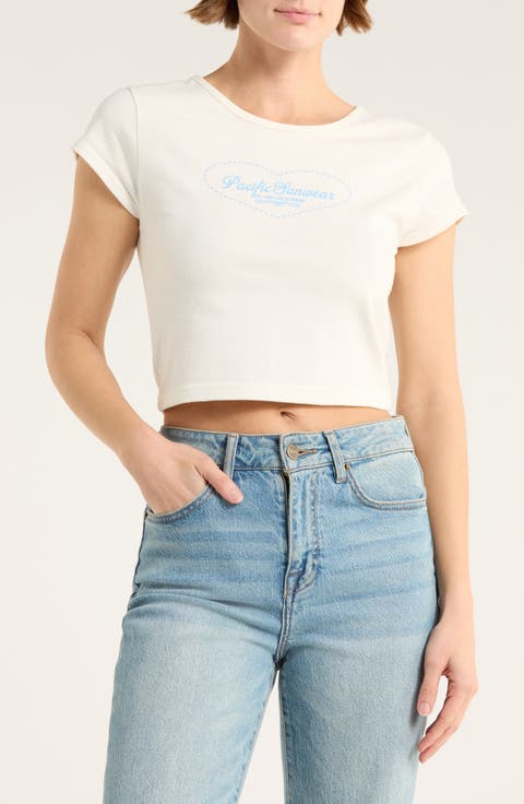 Embroidered Heart Shimmer Crop T-Shirt