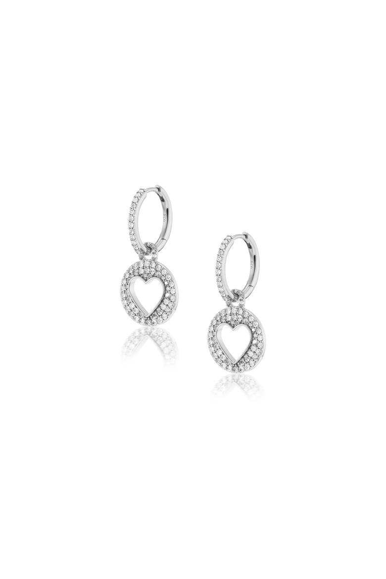 Diamond Open Heart Charm On Huggie Hoop, Main, color, Sterling Silver
