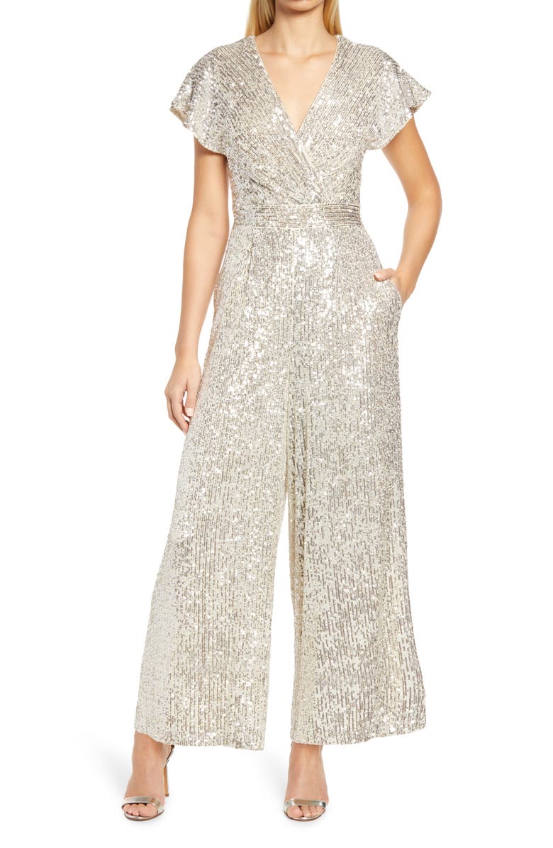 Eliza J Sequin Flutter Sleeve Jumpsuit, Main, color,