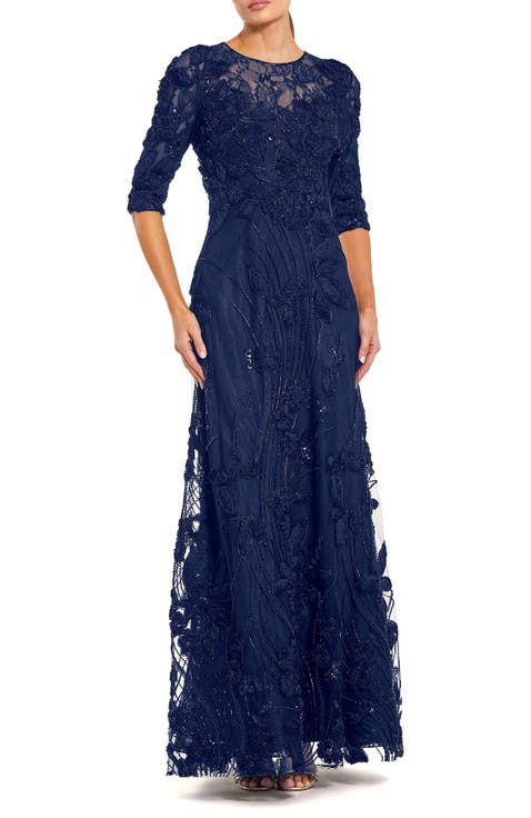 3/4 Sleeve High Neck Embroidered A Line Gown