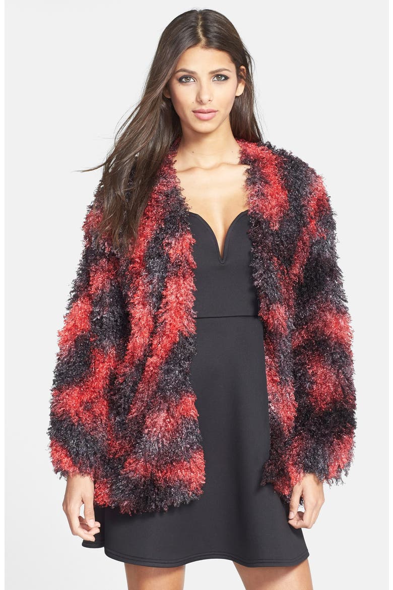 Loop Yarn Faux Fur Open Jacket, Main, color, RED/ BLACK